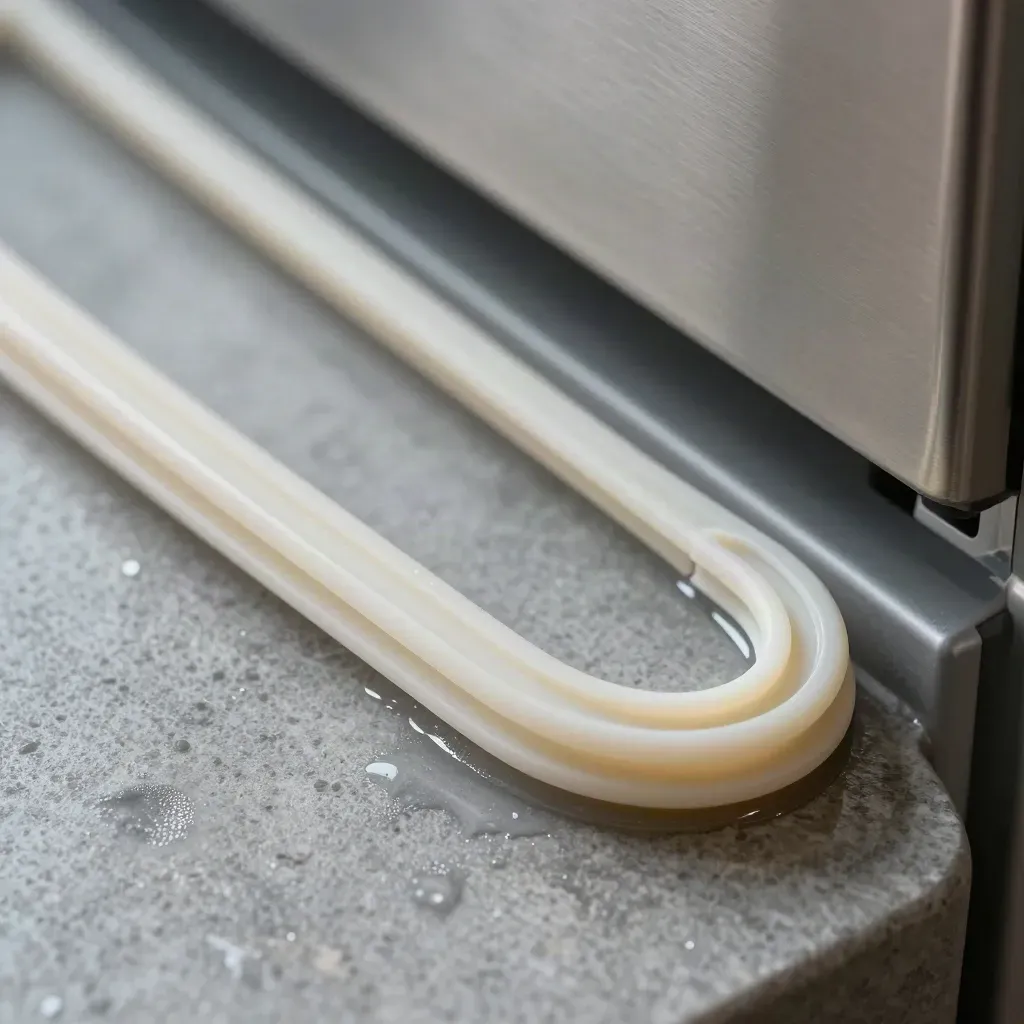 Kühlschrankdichtung auf kühlem Stein, mit Kondensperlen und Metallkante in Makroansicht