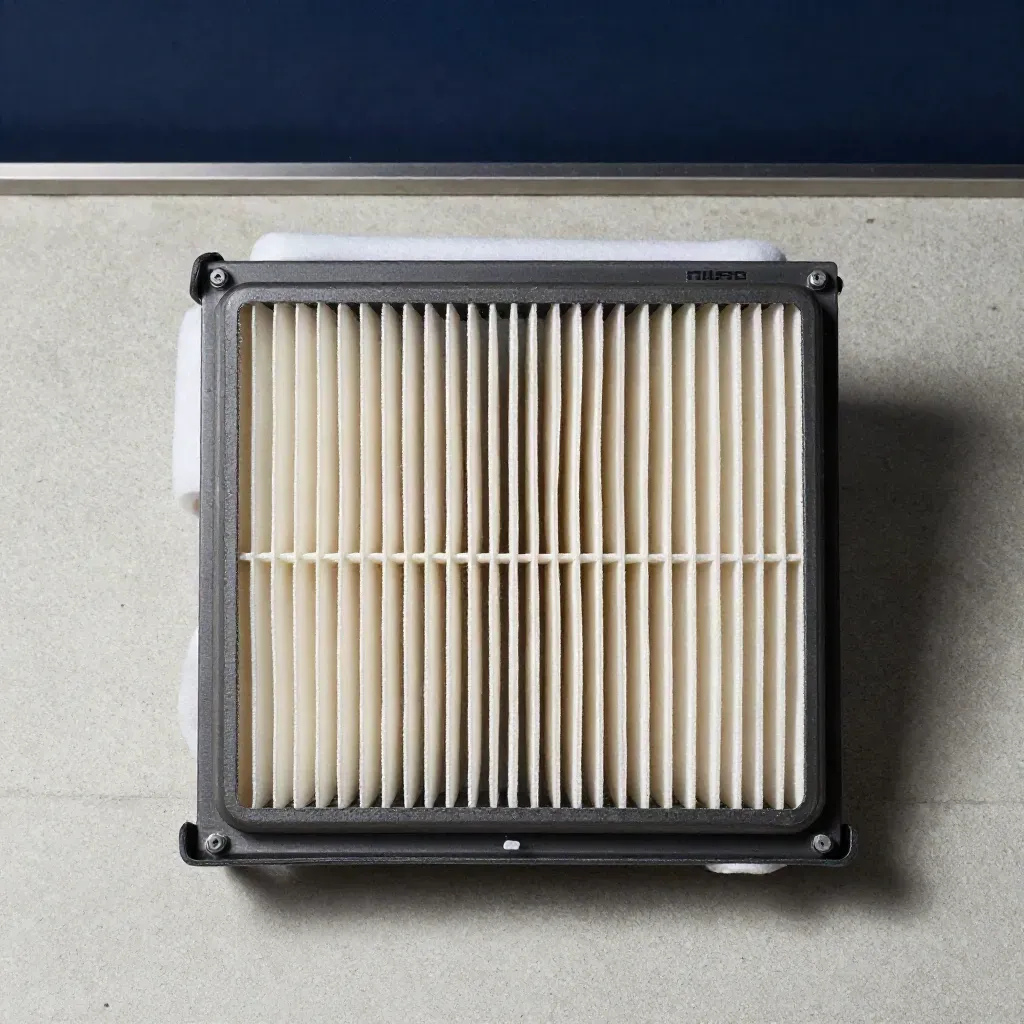 Draufsicht auf einen HEPA-Filter mit weichem Vlies auf hellem Beton.