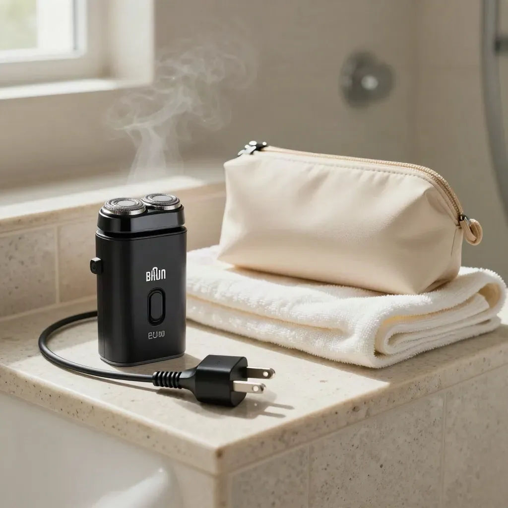 Braun Rasierer-Netzteil mit EU-Stecker neben Tuch in heller Badezimmer-Reisestimmung